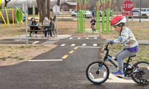 Picnic bench in the bike playground area