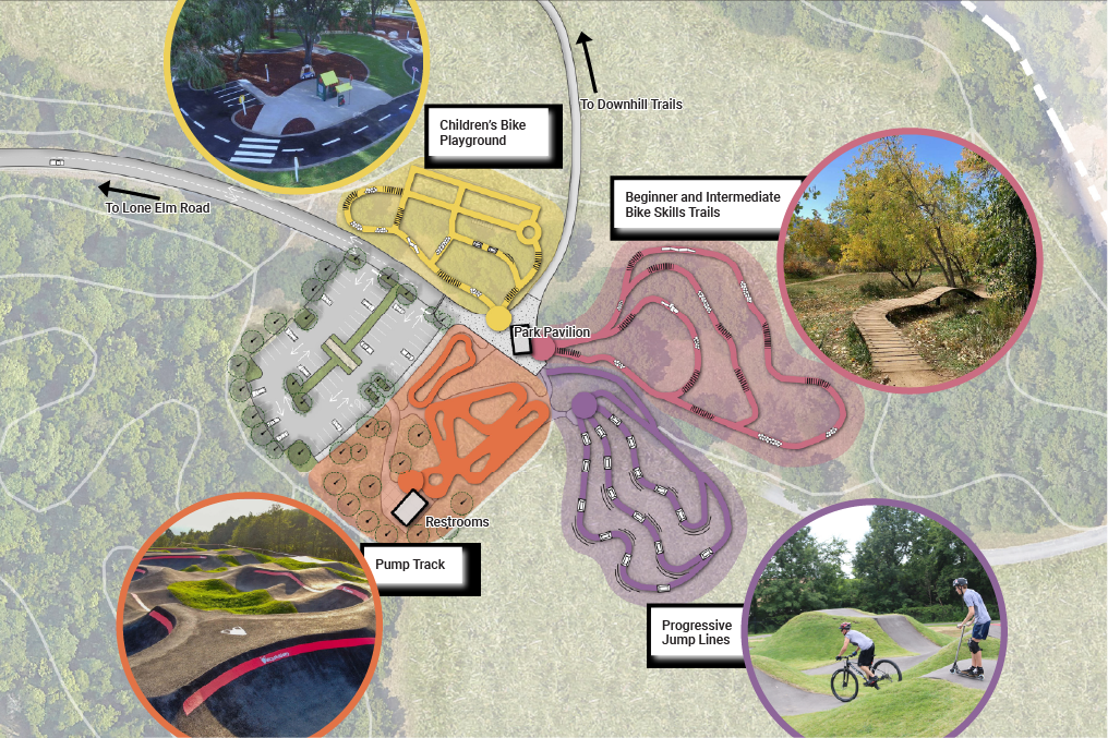 Map showing bike trails, pump track, playground, and skate park.