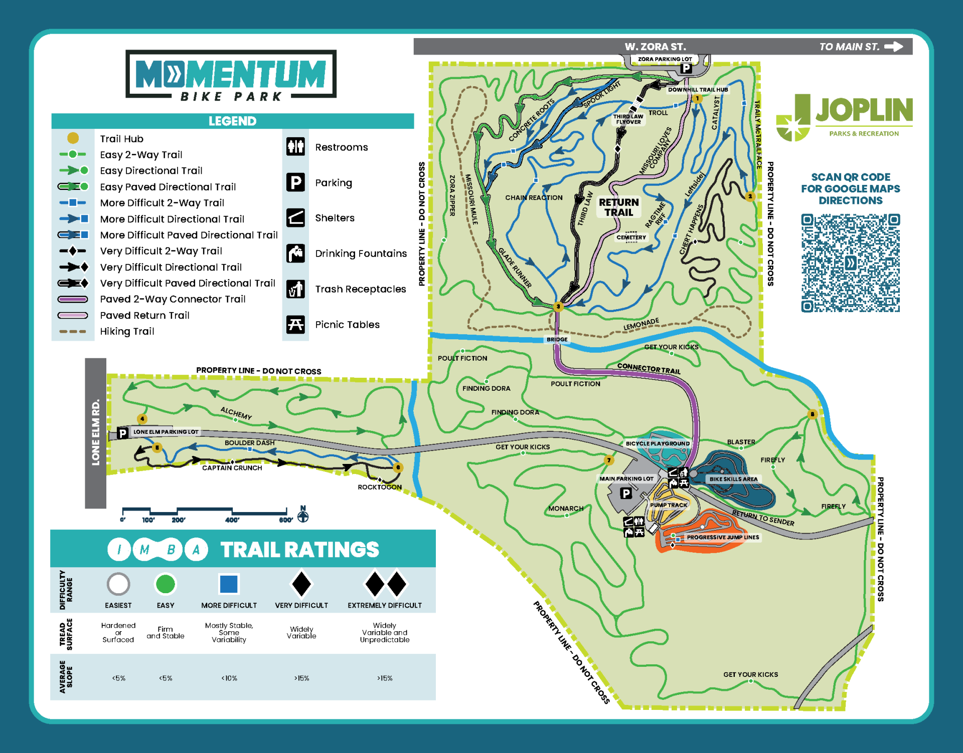 Map of Momentum Bike Park with highlighted trails and legend for difficulty ratings.